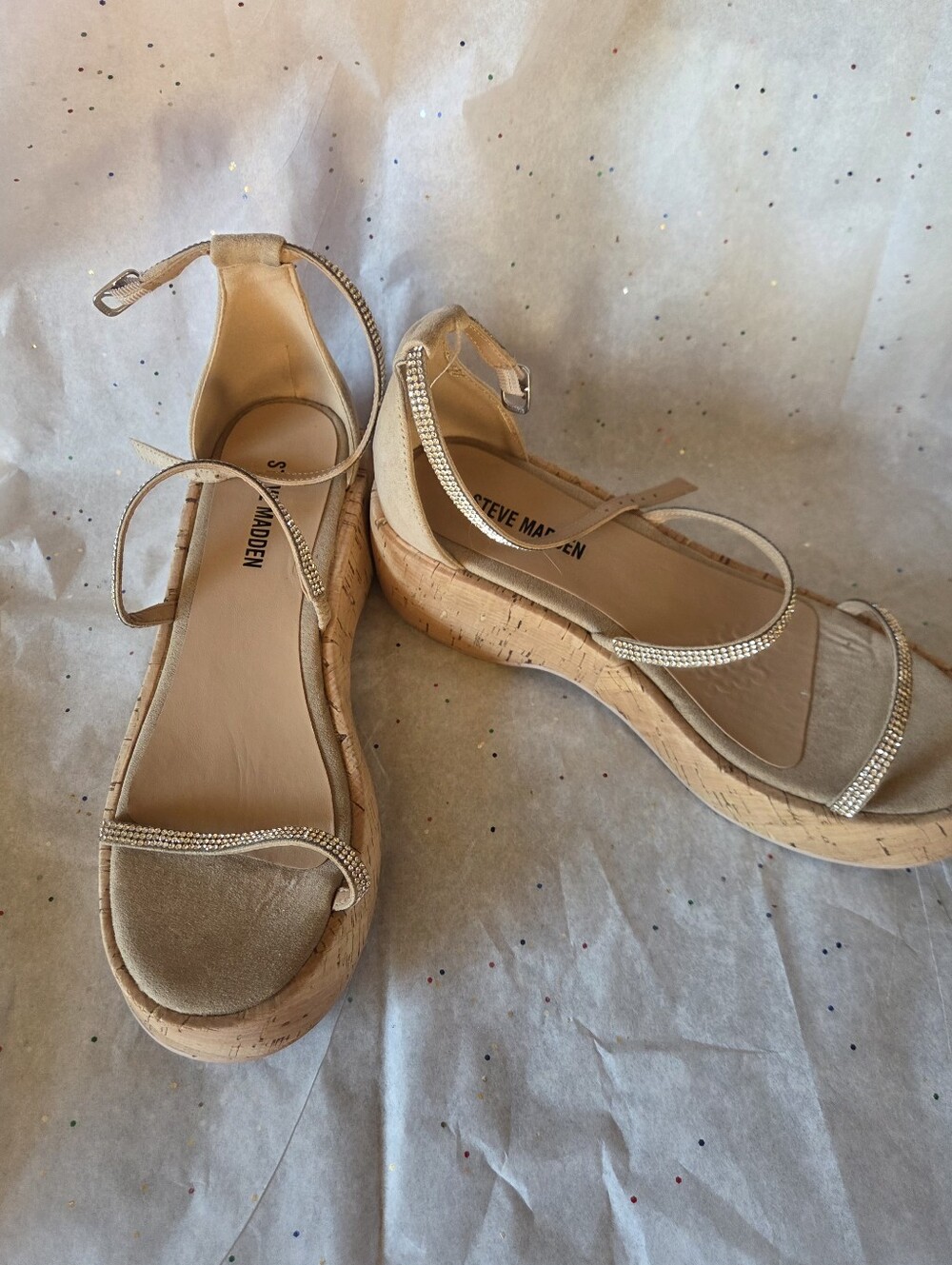 Steve Madden Tan Cork Wedge Sandals with Rhinestone Straps